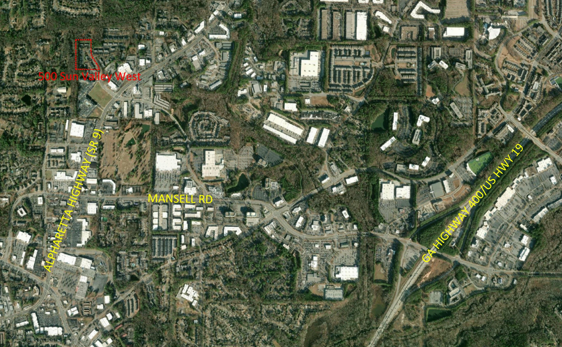 Vicinity map showing 500 Sun Valley West near Alpharetta Highway, Mansell Road, and Georgia Highway 400 in Roswell.